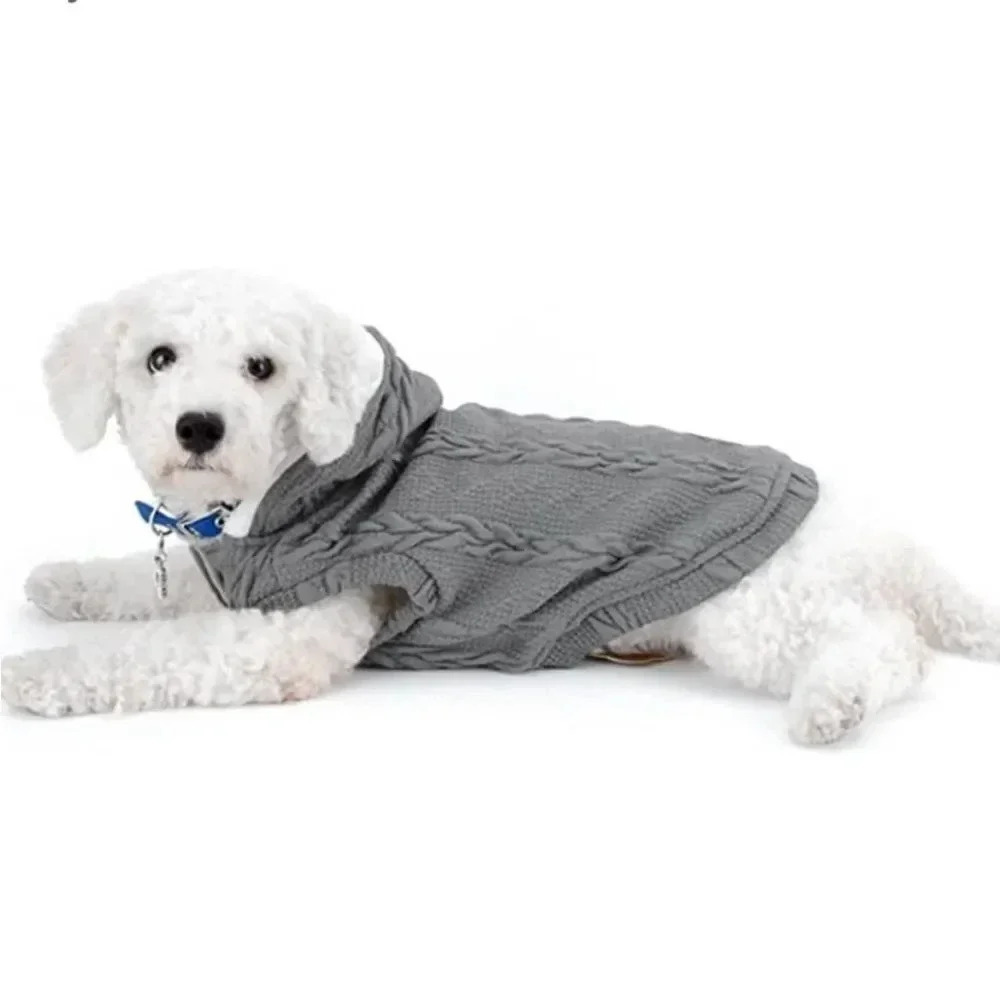NWOT GREY W WHITE FUR LINED CABLE KNIT SWEATER WITH HOOD FOR DOG SIZE XS - Picture 2 of 9